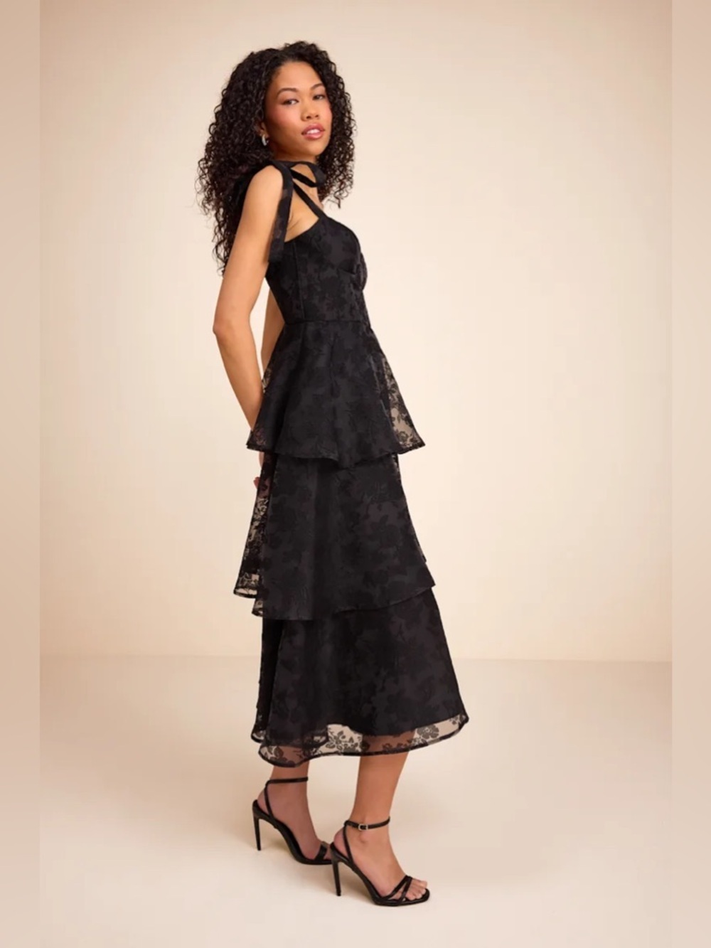 Lulus Glamorous Sweetie Black Burnout Tie-Strap Bustier Midi Dress - Picture 4 of 10